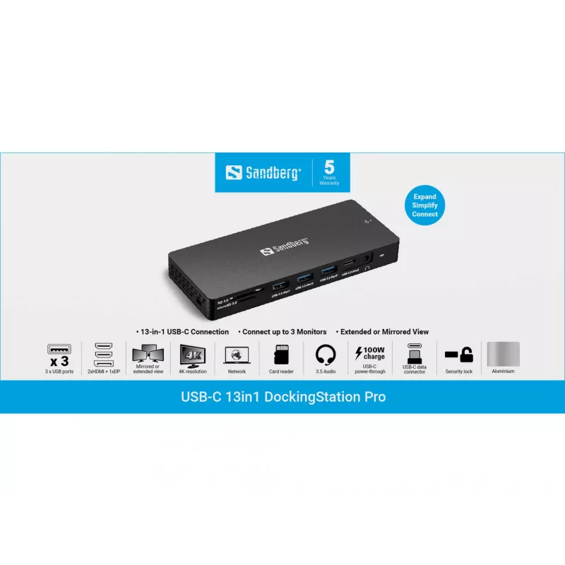 Sandberg USB-C 13w1 DockingStation Pro Przewodowa USB 3.2 Gen 1 Type-C
