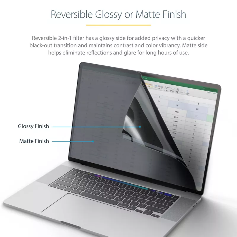 StarTech.com 16-calowy MacBook Pro 21/23, folia prywatyzacyjna do laptopa, antyodblaskowy filtr prywatności z redukcją światła niebieskiego o 51%, ochrona ekranu monitora z kątem widzenia +/- 30 stopni, odwracalne strony matowa/błyszcząca