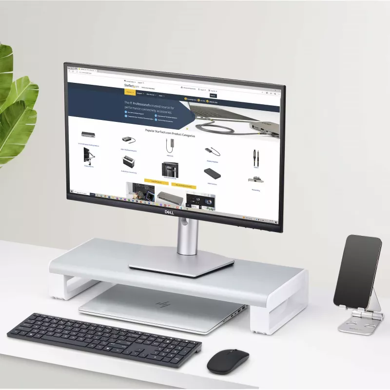 StarTech.com Ergonomiczna podstawka pod monitor, do 33lb/15kg, stała wysokość 3,5in/9cm, podstawka pod monitor/laptop na biurko, platforma stalowa, szybki montaż, optymalizacja przestrzeni roboczej