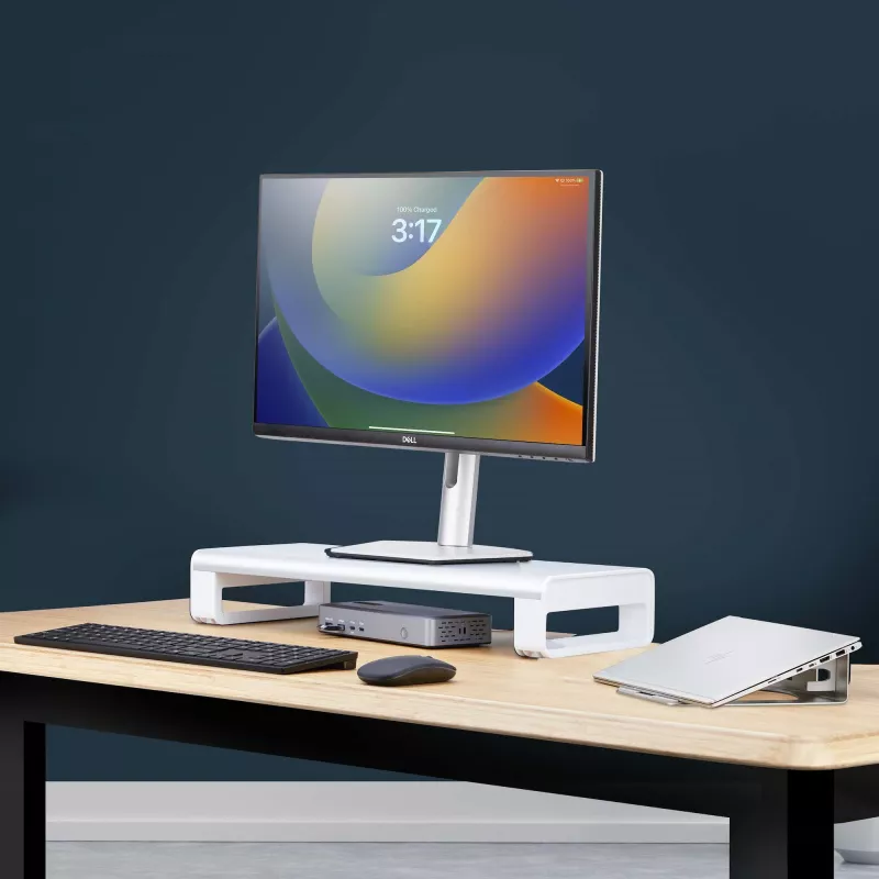 StarTech.com Ergonomiczna podstawka pod monitor, do 33lb/15kg, stała wysokość 3,5in/9cm, podstawka pod monitor/laptop na biurko, platforma stalowa, szybki montaż, optymalizacja przestrzeni roboczej