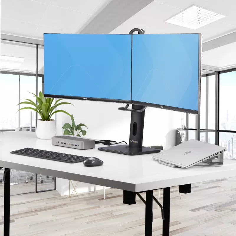 Podwójny stojak biurkowy na monitory StarTech.com Crossbar, do dwóch 27-calowych ekranów, mocowanie VESA 75x75/100x100, bezproblemowa regulacja wysokości, do 13,2 funta (6 kg) na wyświetlacz