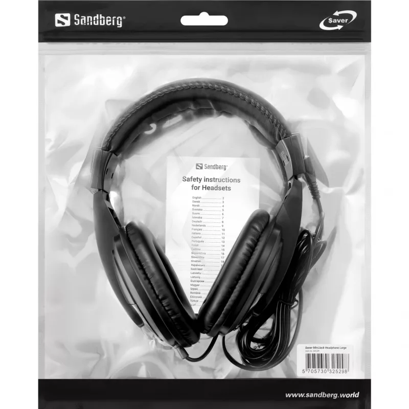 Sandberg Saver MiniJack Headphone Large, przewodowe, rozmowy/muzyka, 20–20000 Hz, 270 g, słuchawki, czarny