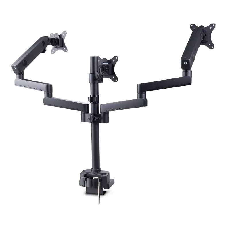 Potrójny uchwyt biurkowy StarTech.com do trzech ekranów 27 inch, VESA 75x75/100x100, regulacja ramion bez narzędzi, mocowanie zaciskowe/przelotowe, ramiona ze sprężyną