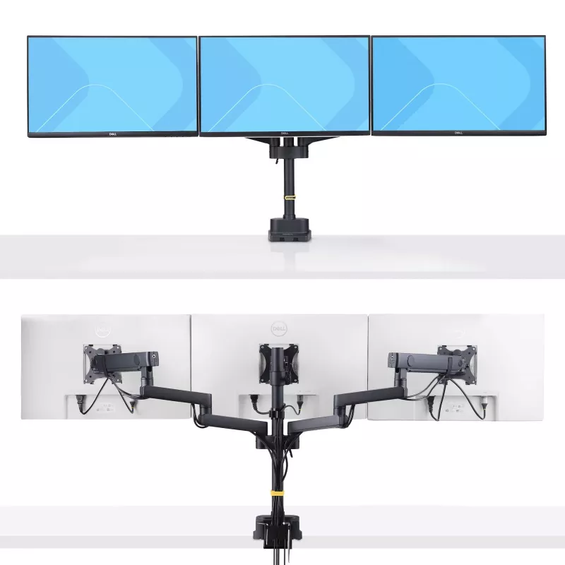 Potrójny uchwyt biurkowy StarTech.com do trzech ekranów 27 inch, VESA 75x75/100x100, regulacja ramion bez narzędzi, mocowanie zaciskowe/przelotowe, ramiona ze sprężyną