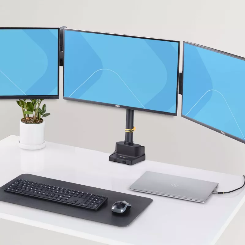 Potrójny uchwyt biurkowy StarTech.com do trzech ekranów 27 inch, VESA 75x75/100x100, regulacja ramion bez narzędzi, mocowanie zaciskowe/przelotowe, ramiona ze sprężyną