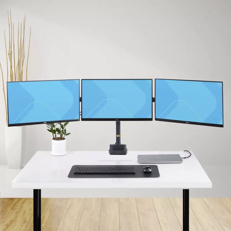 Potrójny uchwyt biurkowy StarTech.com do trzech ekranów 27 inch, VESA 75x75/100x100, regulacja ramion bez narzędzi, mocowanie zaciskowe/przelotowe, ramiona ze sprężyną