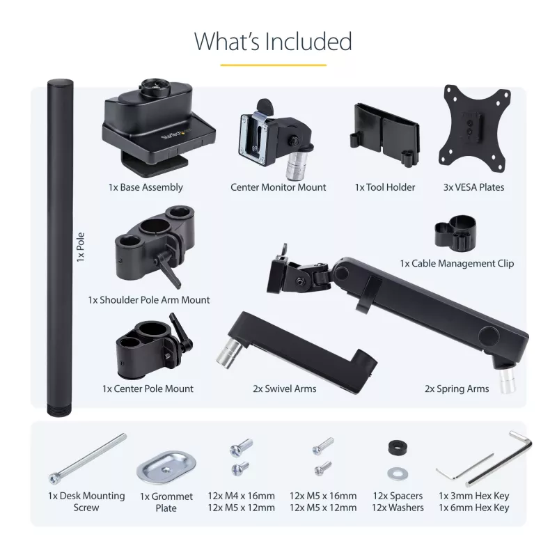 Potrójny uchwyt biurkowy StarTech.com do trzech ekranów 27 inch, VESA 75x75/100x100, regulacja ramion bez narzędzi, mocowanie zaciskowe/przelotowe, ramiona ze sprężyną