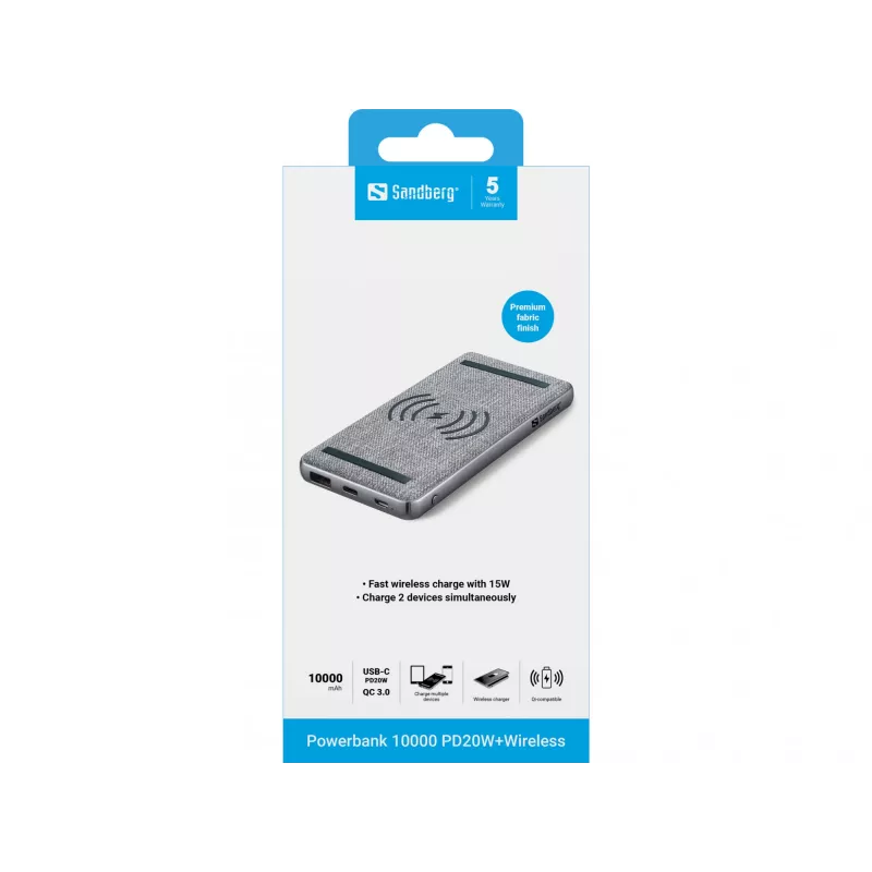 Przenośny powerbank Sandberg Powerbank 10000 PD20W+Wireless, 10000 mAh