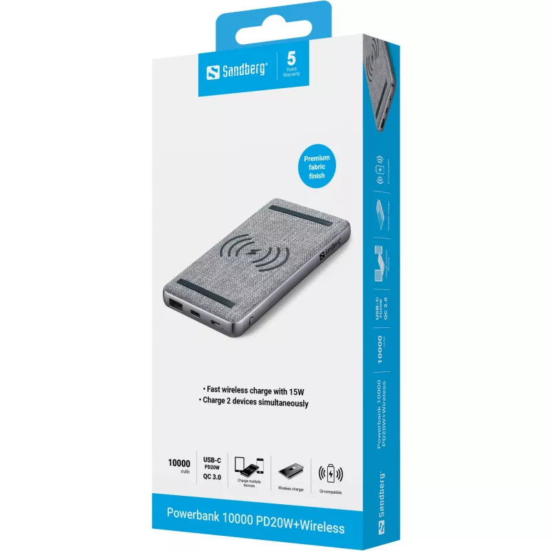 Przenośny powerbank Sandberg Powerbank 10000 PD20W+Wireless, 10000 mAh