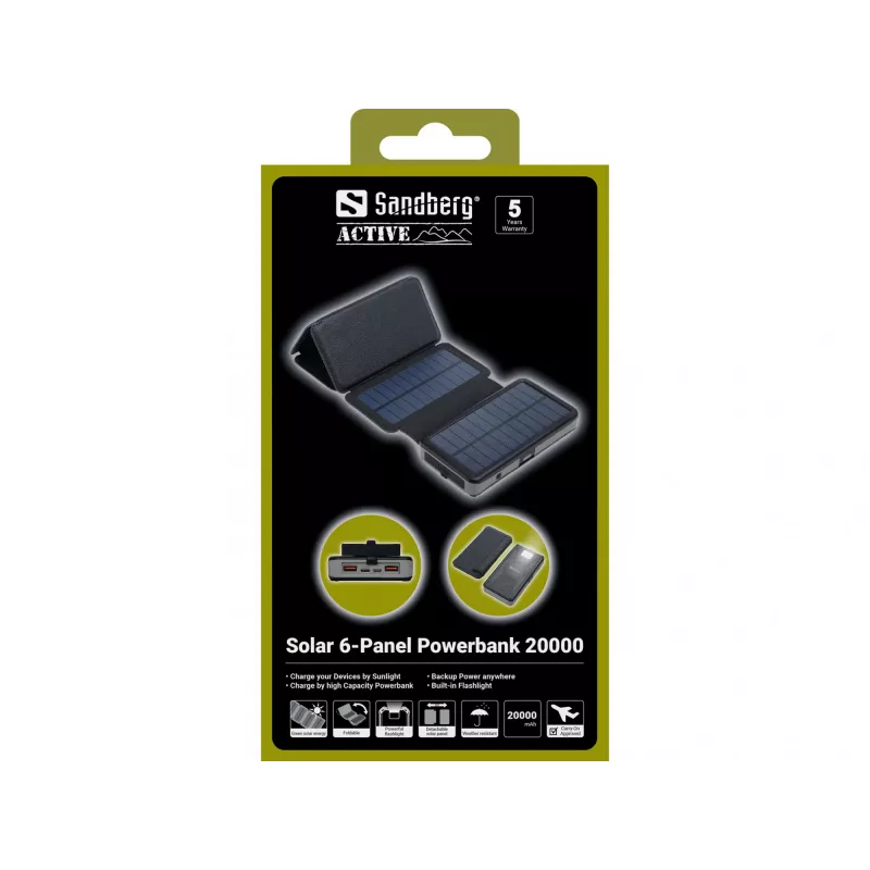 Powerbank Sandberg Solar 6-Panel 20000mAh, polimer litowo-jonowy, czarny