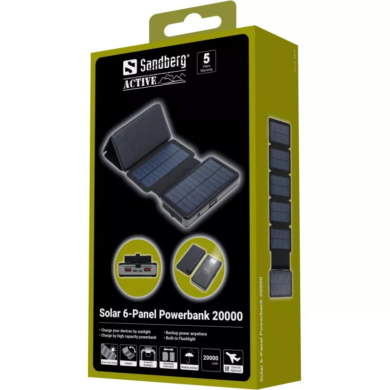 Powerbank Sandberg Solar 6-Panel 20000mAh, polimer litowo-jonowy, czarny