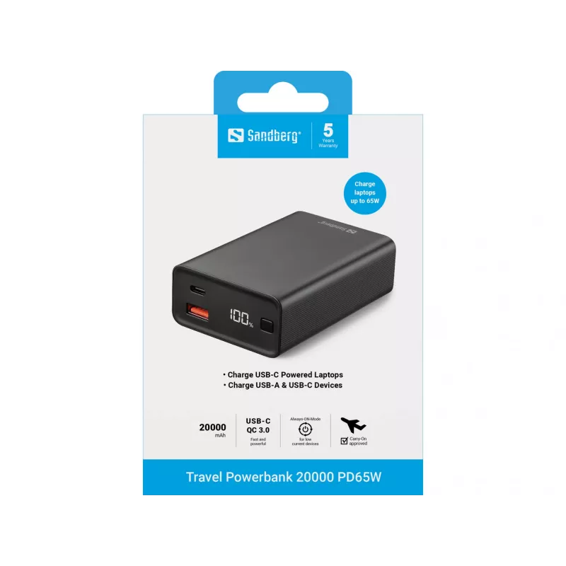 Przenośny powerbank Sandberg Travel Powerbank 20000 PD65W, 20000 mAh