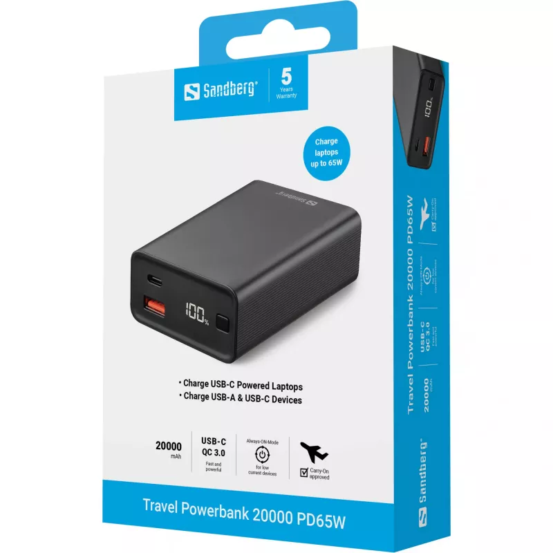Przenośny powerbank Sandberg Travel Powerbank 20000 PD65W, 20000 mAh