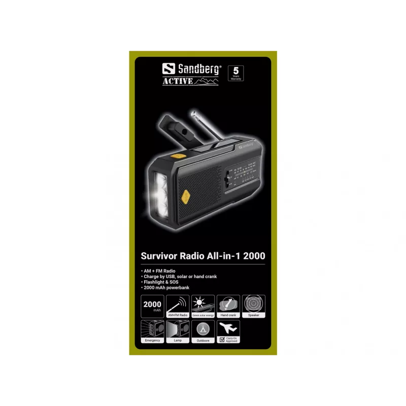 Sandberg Survivor Radio All-in-1 2000, przenośne, AM, FM, 87 - 180 MHz, 520 - 1710 kHz, 3 W, analogowe
