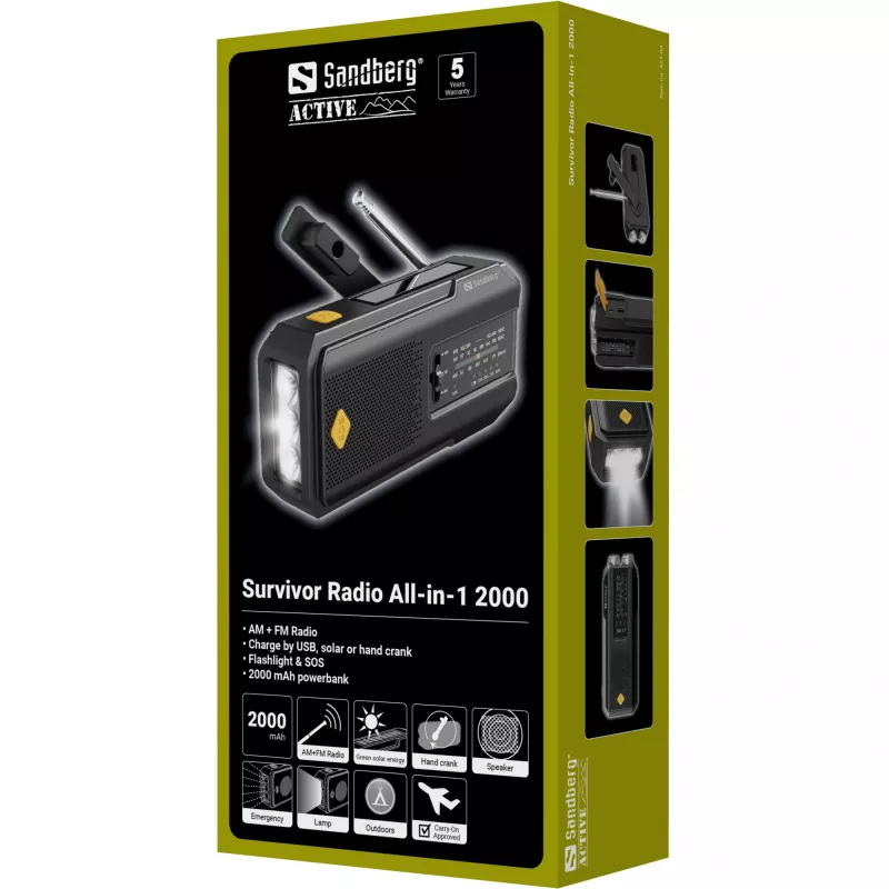 Sandberg Survivor Radio All-in-1 2000, przenośne, AM, FM, 87 - 180 MHz, 520 - 1710 kHz, 3 W, analogowe