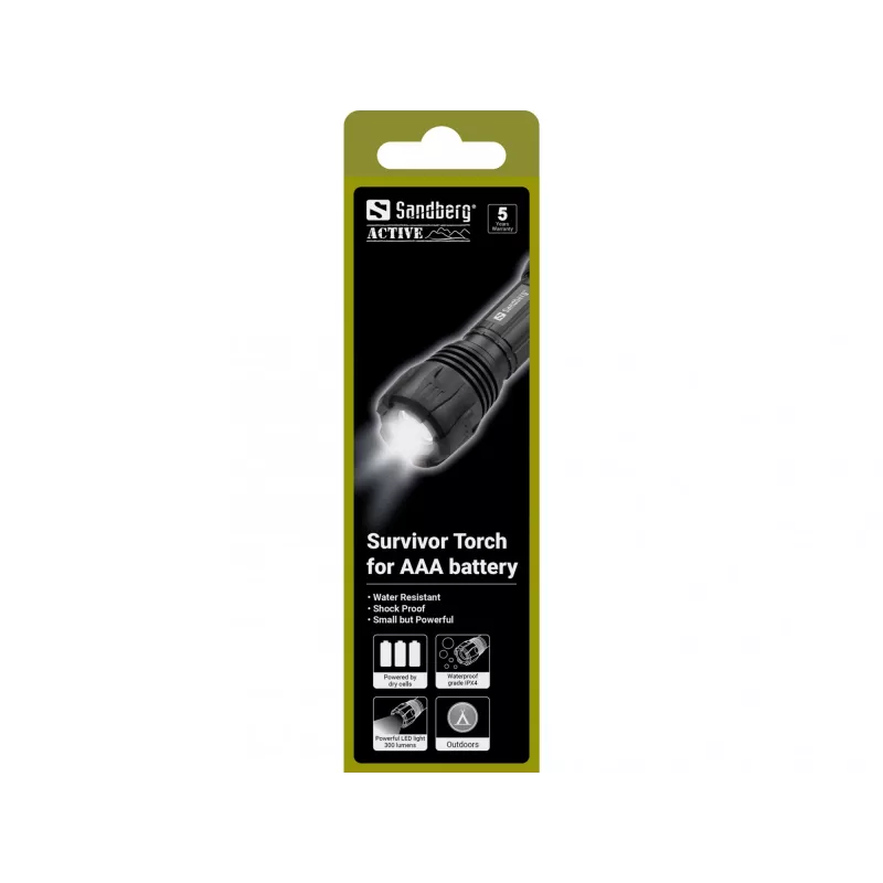 Sandberg Survivor Torch na baterie AAA, Latarka ręczna, Czarny, Aluminium, LED, 3 W, 150 lm