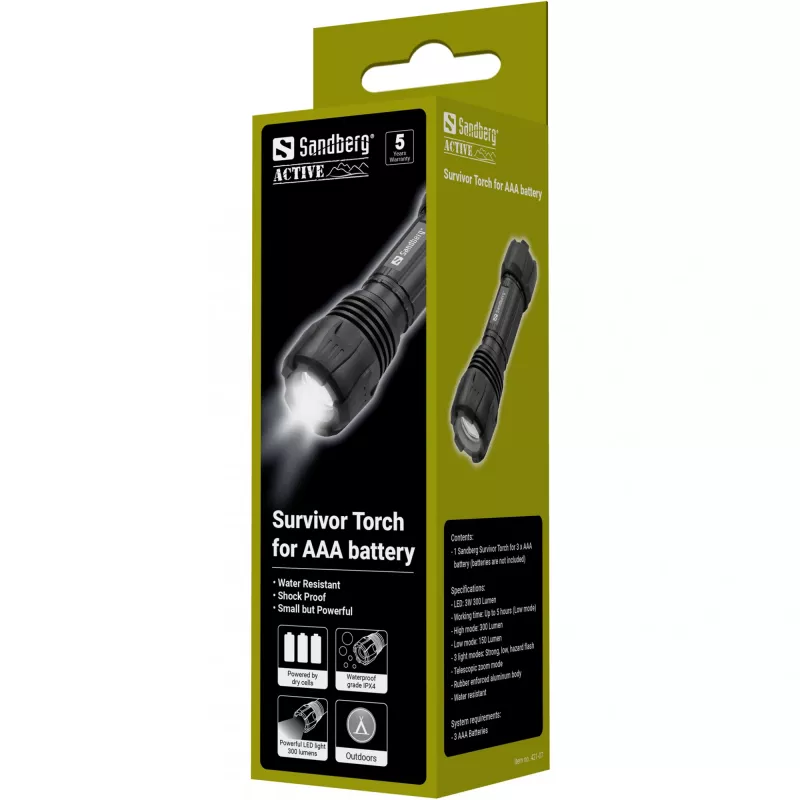 Sandberg Survivor Torch na baterie AAA, Latarka ręczna, Czarny, Aluminium, LED, 3 W, 150 lm