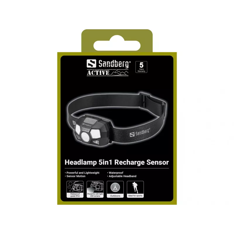 Latarka czołowa Sandberg 5in1 Recharge Sensor LED 200 lm Czarna