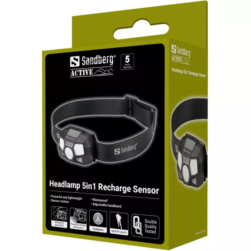 Latarka czołowa Sandberg 5in1 Recharge Sensor LED 200 lm Czarna