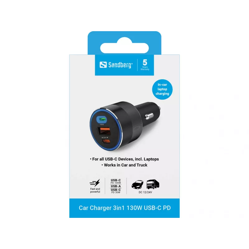 Ładowarka samochodowa Sandberg 3w1 130W USB-C PD szybkie ładowanie uniwersalna