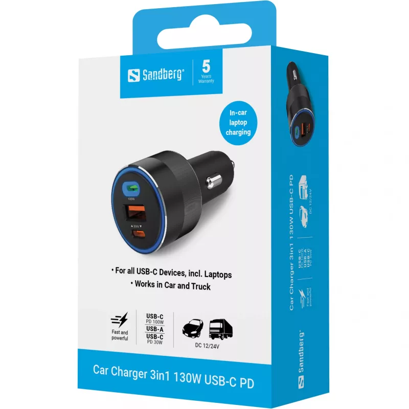 Ładowarka samochodowa Sandberg 3w1 130W USB-C PD szybkie ładowanie uniwersalna