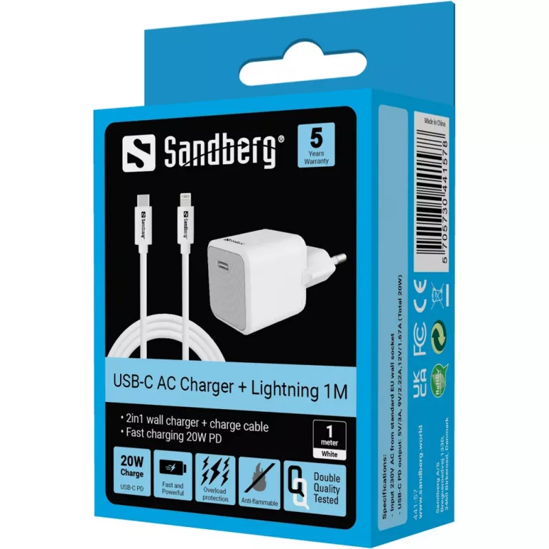 Ładowarka sieciowa Sandberg 20W USB-C + Lightning 1M szybkie ładowanie biały