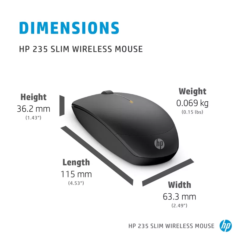 HP 235 cienki Wireless mysz, symetryczna, optyczna, RF bezprzewodowa, 1600 DPI, czarna