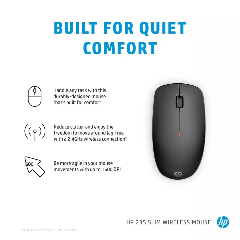 HP 235 cienki Wireless mysz, symetryczna, optyczna, RF bezprzewodowa, 1600 DPI, czarna