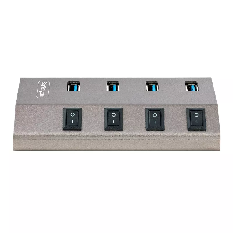 StarTech.com 4-portowy zasilany hub USB-C z indywidualnymi przełącznikami włącz/wyłącz, hub rozszerzający USB 3.0 5Gbps z zasilaczem, hub USB-C na USB-A do komputera stacjonarnego/laptopa, hub USB typu C z BC 1.2