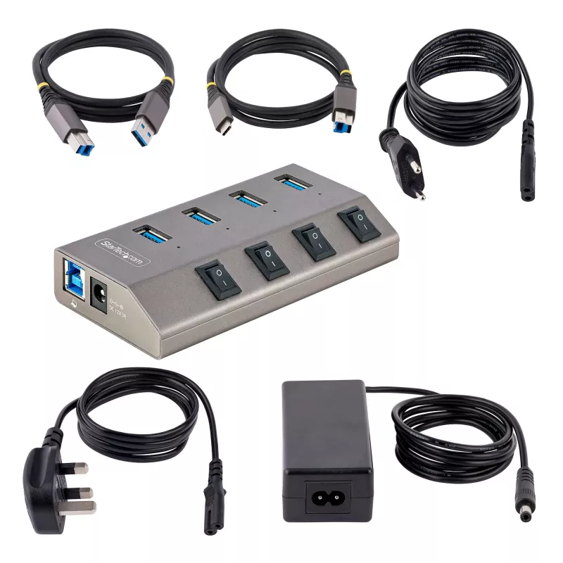 StarTech.com 4-portowy zasilany hub USB-C z indywidualnymi przełącznikami włącz/wyłącz, hub rozszerzający USB 3.0 5Gbps z zasilaczem, hub USB-C na USB-A do komputera stacjonarnego/laptopa, hub USB typu C z BC 1.2