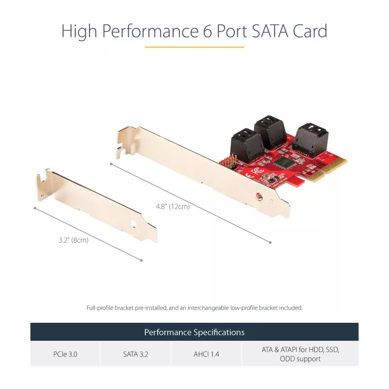 StarTech.com Karta SATA PCIe – 6-portowa karta rozszerzeń SATA PCIe – 6 Gb/s – profil niski/pełny – złącza SATA ułożone warstwowo – ASM1166 bez RAID – konwerter PCI Express na SATA