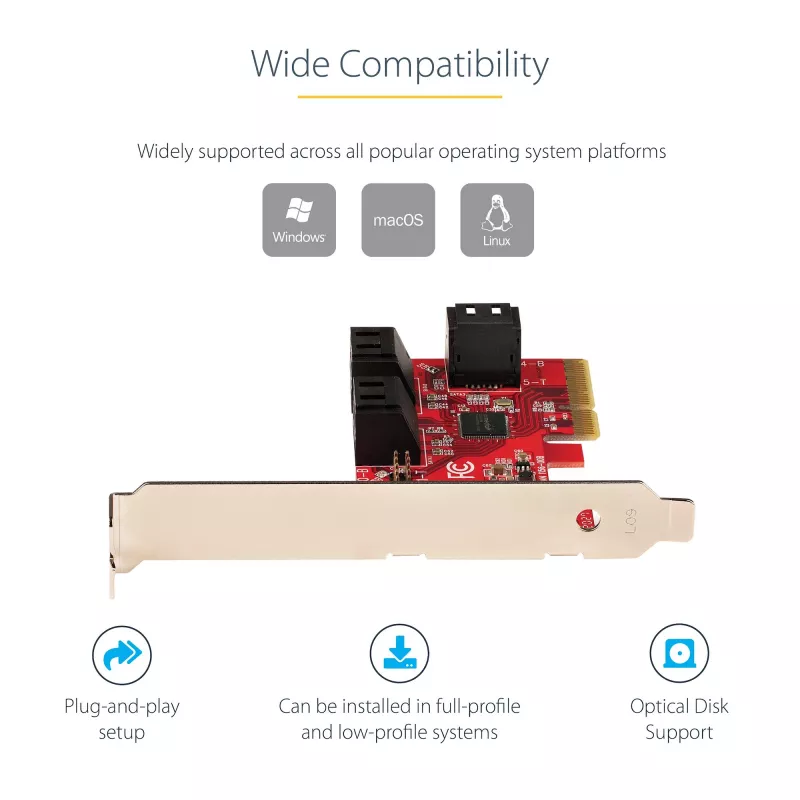 StarTech.com Karta SATA PCIe – 6-portowa karta rozszerzeń SATA PCIe – 6 Gb/s – profil niski/pełny – złącza SATA ułożone warstwowo – ASM1166 bez RAID – konwerter PCI Express na SATA