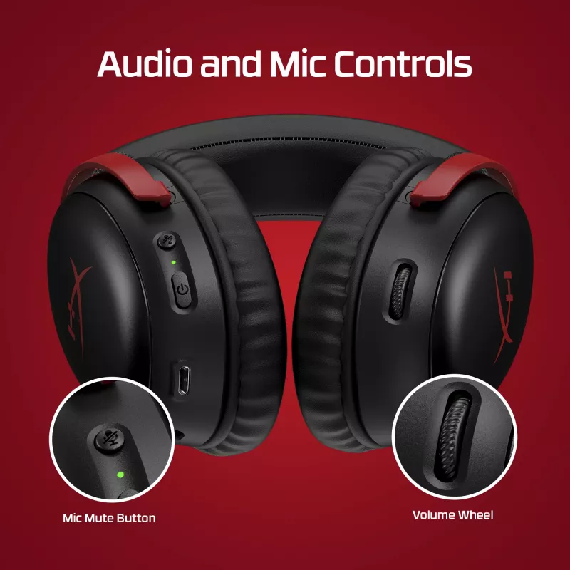 HyperX Cloud III Wireless - Zestaw słuchawkowy gamingowy, Czarny; Czerwony, Chiny, Wokółuszne, Zamknięte, Aktywne, 155 mm
