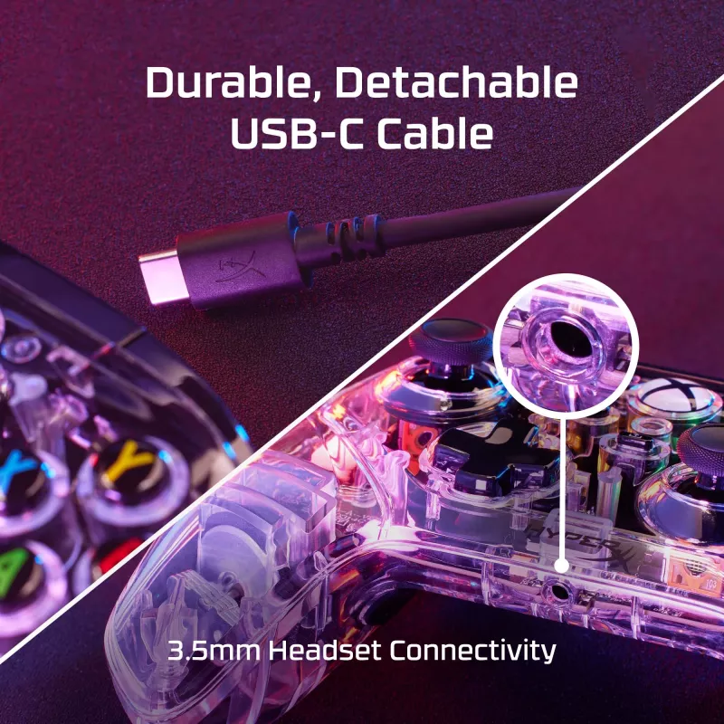 HyperX Clutch Gladiate - przewodowy kontroler do gier RGB - Xbox, Gamepad, Xbox One, Xbox Series X, przewodowy, USB, USB Type-A, USB Type-C, przezroczysty