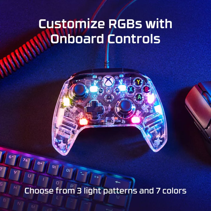 HyperX Clutch Gladiate - przewodowy kontroler do gier RGB - Xbox, Gamepad, Xbox One, Xbox Series X, przewodowy, USB, USB Type-A, USB Type-C, przezroczysty
