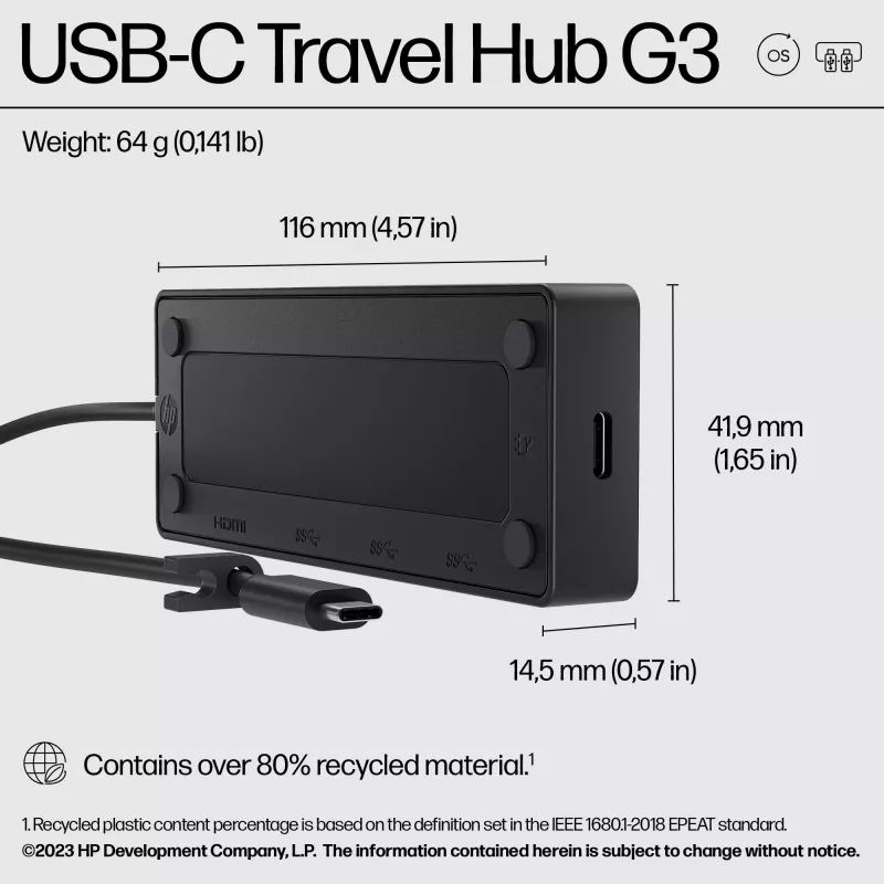 HP USB-C Travel Hub G3 Hub USB-C o szerokości 116 mm, głębokości 41,9 mm i wysokości 14,5 mm