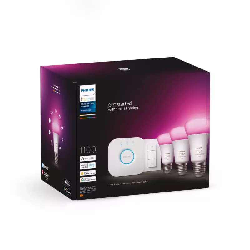 Zestaw startowy Philips Hue White and Colour Ambience – 3× żarówki E27 11W, Bluetooth/Zigbee, ściemniacz