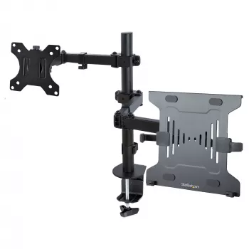 StarTech.com Ramię do monitora z tacką na laptopa VESA, Do laptopa (4,5kg/9,9lb) i pojedynczego wyświetlacza do 32 cali (8kg/17,6lb), Czarny, Wentylowana tacka, Regulowane ramię do laptopa, Mocowanie C-clamp/Grommet