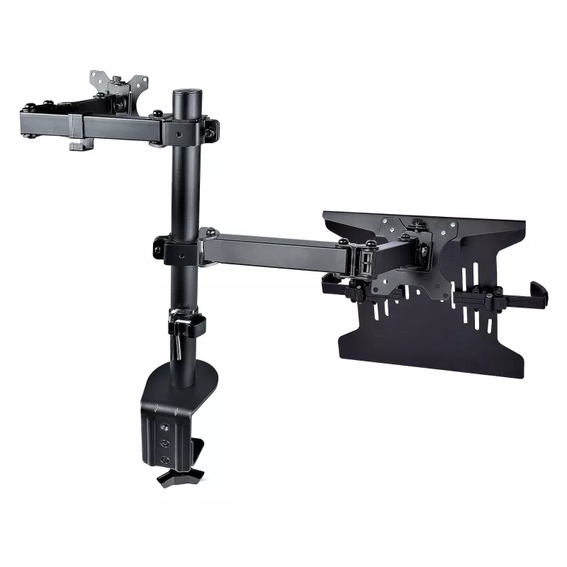 StarTech.com Ramię do monitora z tacką na laptopa VESA, Do laptopa (4,5kg/9,9lb) i pojedynczego wyświetlacza do 32 cali (8kg/17,6lb), Czarny, Wentylowana tacka, Regulowane ramię do laptopa, Mocowanie C-clamp/Grommet