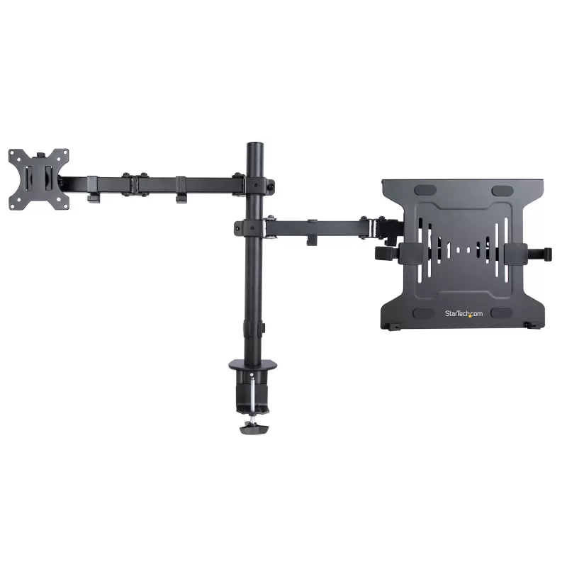 StarTech.com Ramię do monitora z tacką na laptopa VESA, Do laptopa (4,5kg/9,9lb) i pojedynczego wyświetlacza do 32 cali (8kg/17,6lb), Czarny, Wentylowana tacka, Regulowane ramię do laptopa, Mocowanie C-clamp/Grommet