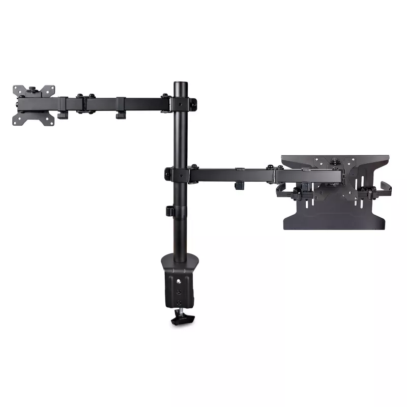 StarTech.com Ramię do monitora z tacką na laptopa VESA, Do laptopa (4,5kg/9,9lb) i pojedynczego wyświetlacza do 32 cali (8kg/17,6lb), Czarny, Wentylowana tacka, Regulowane ramię do laptopa, Mocowanie C-clamp/Grommet