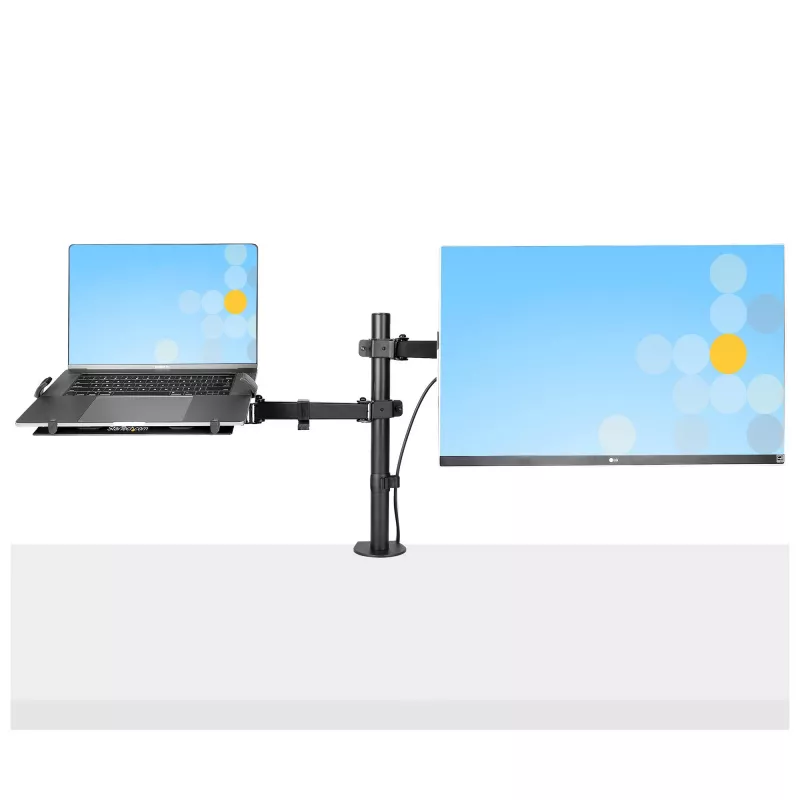 StarTech.com Ramię do monitora z tacką na laptopa VESA, Do laptopa (4,5kg/9,9lb) i pojedynczego wyświetlacza do 32 cali (8kg/17,6lb), Czarny, Wentylowana tacka, Regulowane ramię do laptopa, Mocowanie C-clamp/Grommet
