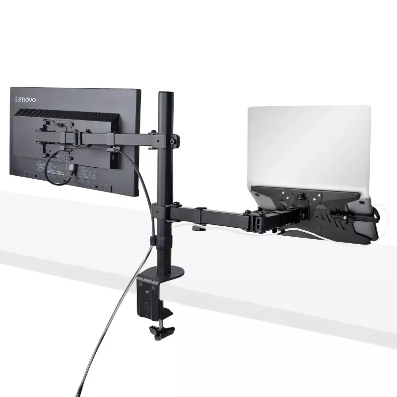 StarTech.com Ramię do monitora z tacką na laptopa VESA, Do laptopa (4,5kg/9,9lb) i pojedynczego wyświetlacza do 32 cali (8kg/17,6lb), Czarny, Wentylowana tacka, Regulowane ramię do laptopa, Mocowanie C-clamp/Grommet