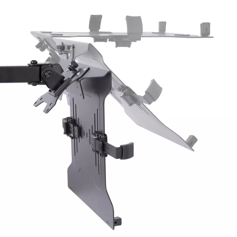 StarTech.com Ramię do monitora z tacką na laptopa VESA, Do laptopa (4,5kg/9,9lb) i pojedynczego wyświetlacza do 32 cali (8kg/17,6lb), Czarny, Wentylowana tacka, Regulowane ramię do laptopa, Mocowanie C-clamp/Grommet
