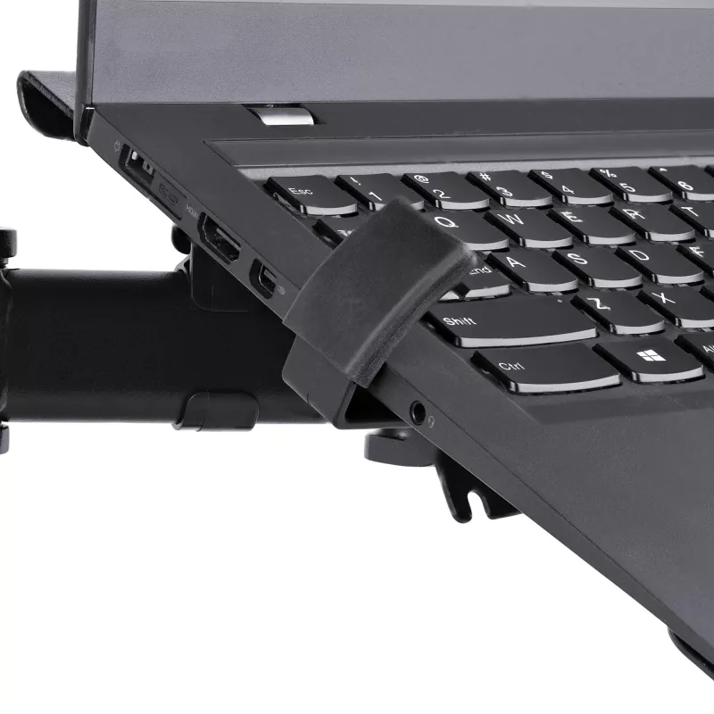 StarTech.com Ramię do monitora z tacką na laptopa VESA, Do laptopa (4,5kg/9,9lb) i pojedynczego wyświetlacza do 32 cali (8kg/17,6lb), Czarny, Wentylowana tacka, Regulowane ramię do laptopa, Mocowanie C-clamp/Grommet