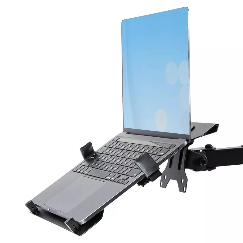 StarTech.com Ramię do monitora z tacką na laptopa VESA, Do laptopa (4,5kg/9,9lb) i pojedynczego wyświetlacza do 32 cali (8kg/17,6lb), Czarny, Wentylowana tacka, Regulowane ramię do laptopa, Mocowanie C-clamp/Grommet