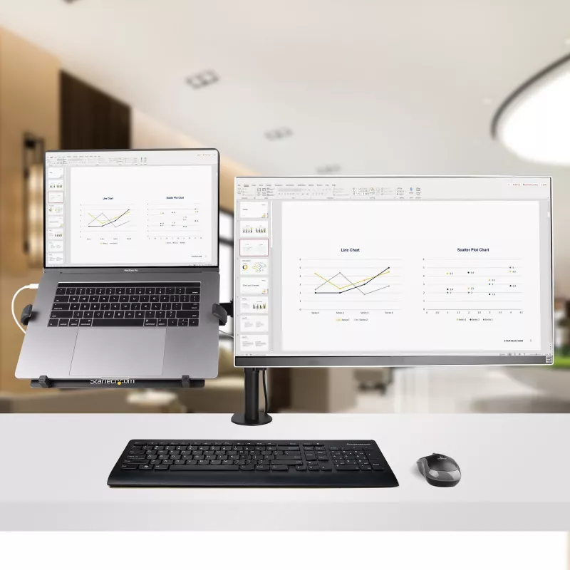 StarTech.com Ramię do monitora z tacką na laptopa VESA, Do laptopa (4,5kg/9,9lb) i pojedynczego wyświetlacza do 32 cali (8kg/17,6lb), Czarny, Wentylowana tacka, Regulowane ramię do laptopa, Mocowanie C-clamp/Grommet