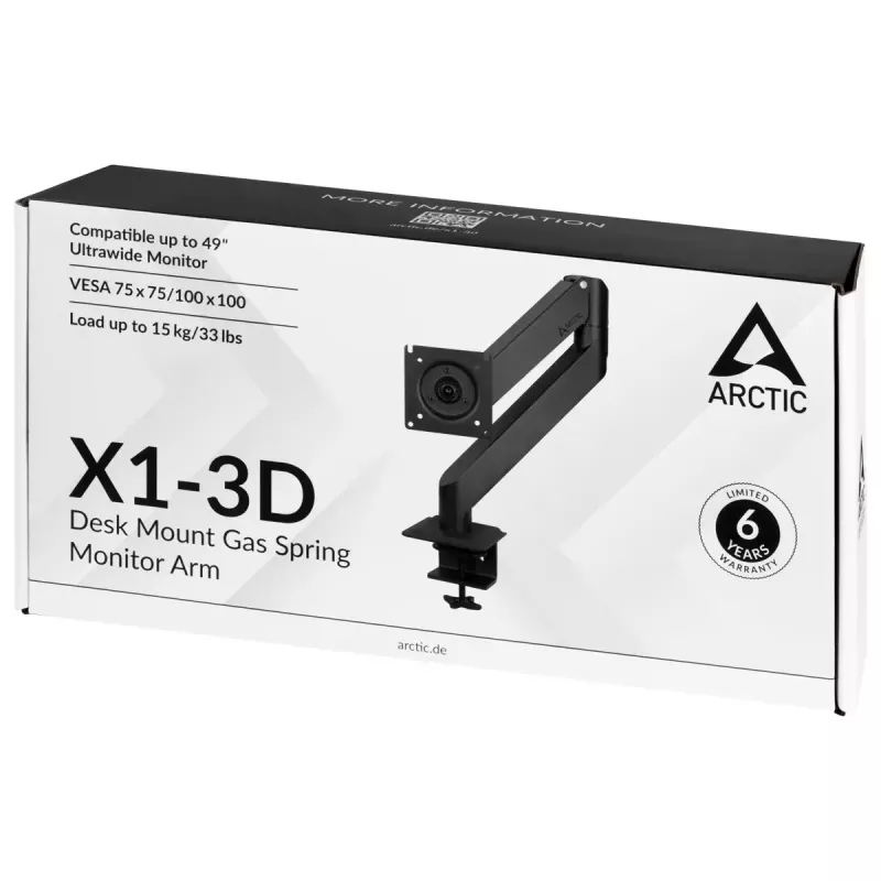 Biurkowy uchwyt gazowo-sprężynowy do monitora Arctic X1-3D — obsługuje do 43 cali / 10 kg, VESA 75x75–100x100, czarny