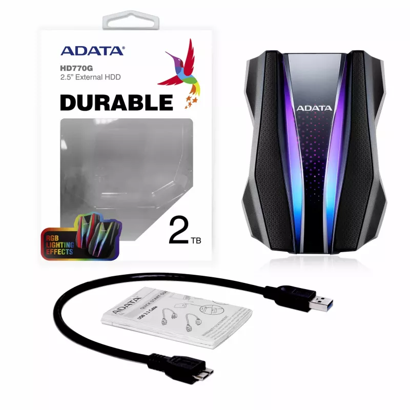 Zewnętrzny dysk twardy ADATA HD770G 2 TB 2,5 cala USB 3.2 Gen 1 Czarny, odporny na wstrząsy, zasilany przez USB