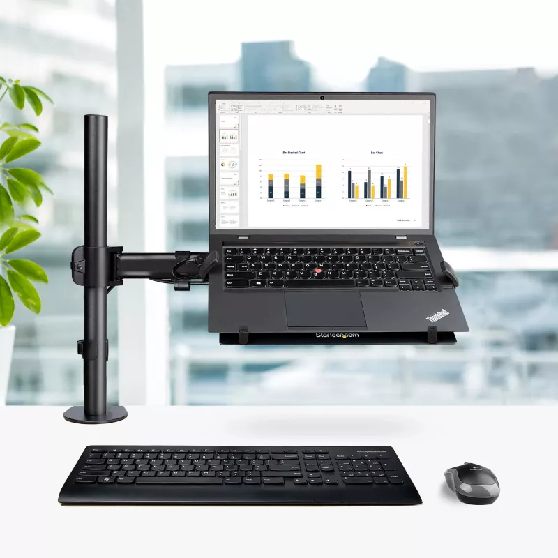 StarTech.com Uchwyt biurkowy do laptopa - Uchwyt do monitora i laptopa - Obsługuje wyświetlacze do 34 cali (8 kg) i laptopy (4,5 kg) - Ramię przegubowe z tacką VESA do laptopa - Mocowanie zaciskowe / przez otwór w blacie